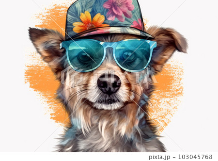 Painted portrait of a dog with a hat and sunglasses, vacation concept, Generated AI Painted portrait of a dog with a hat and sunglasses, vacation concept, Generated AI 103045768