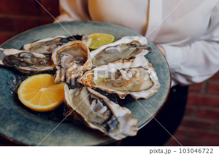 Fresh opened oyster with sliced lemon offered as top view on crushed ice with copy space. Fresh opened oyster with sliced lemon offered as top view on crushed ice with copy space. 103046722
