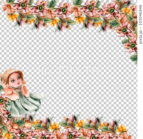 Flowers autumn square frame, border for card. Watercolor illustration for scrapbooking isolated in white background. Hand drawn background with flower for design. Perfect for wedding invitation. Flowers autumn square frame, border for card. Watercolor illustration for scrapbooking isolated in white background. Hand drawn background with flower for design. Perfect for wedding invitation. 103046946