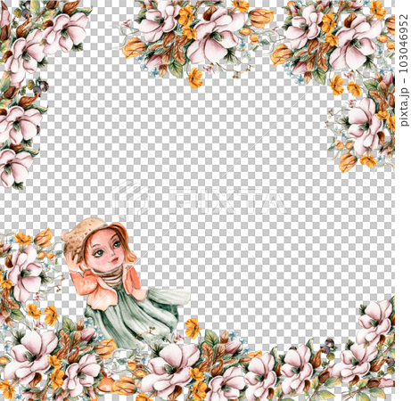 Flowers autumn square frame, border for card. Watercolor illustration for scrapbooking isolated in white background. Hand drawn background with flower for design. Perfect for wedding invitation. 103046952