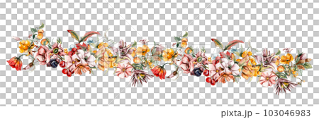 Flowers autumn border for card. Watercolor illustration for scrapbooking isolated in white background. Hand drawn background with flower for design. Perfect for wedding invitation. Flowers autumn border for card. Watercolor illustration for scrapbooking isolated in white background. Hand drawn background with flower for design. Perfect for wedding invitation. 103046983