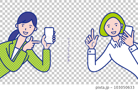 スマホを持った20代〜40代の女性の上半身が横からひょっこりと出ているイメージのイラスト素材【セット 103050633