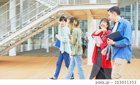 キャンパスを歩く多国籍の学生グループ キャンパスを歩く多国籍の学生グループ 103051353
