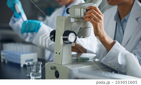 研究室で実験する多国籍研究者グループ 103051605