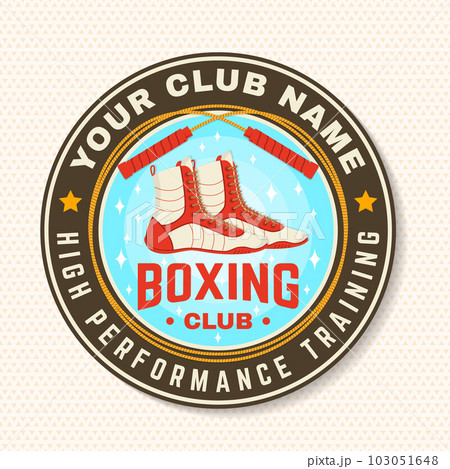 Boxing club badge, logo, patch design. Vector illustration. For Boxing sport club emblem, sign, shirt, template. Vintage retro patch, label, sticker with with boxing jump rope and boxing shoes 103051648