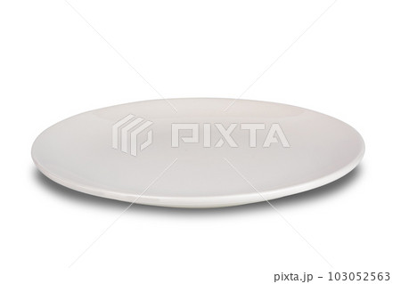 Closeup view of single empty white shallow seramic plate isolated on white background. Closeup view of single empty white shallow seramic plate isolated on white background. 103052563