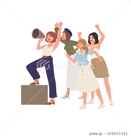 Crowd of women, woman protest hold megaphone. flat vector cartoon illustration Crowd of women, woman protest hold megaphone. flat vector cartoon illustration 103053141