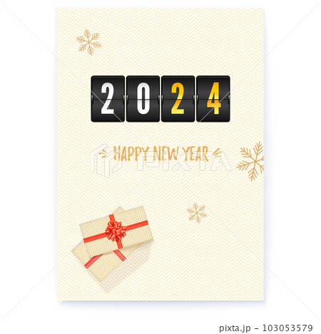 Happy New Year 2024. Mechanical flip time board, gift boxes and golden snowflakes Happy New Year 2024. Mechanical flip time board, gift boxes and golden snowflakes 103053579