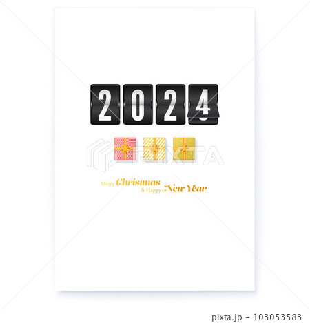 Happy New Year 2024. Poster template. Analog mechanical flip timetable and gift boxes on white background 103053583