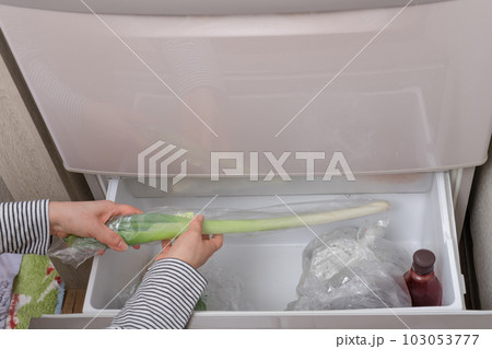 【野菜室から長ネギを出す主婦】 103053777