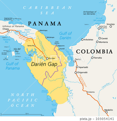 Darien Gap, political map. Geographical region in the Isthmus of Panama, connecting North and South America with Central America. The gap is in the Pan-American Highway of which a part were not built. 103054141