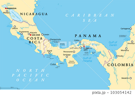 Costa Rica and Panama, political map, with the Isthmus of Panama and the Darien Gap. Narrow strip of land and region between the Caribbean Sea and the Pacific Ocean, linking North and South America. 103054142