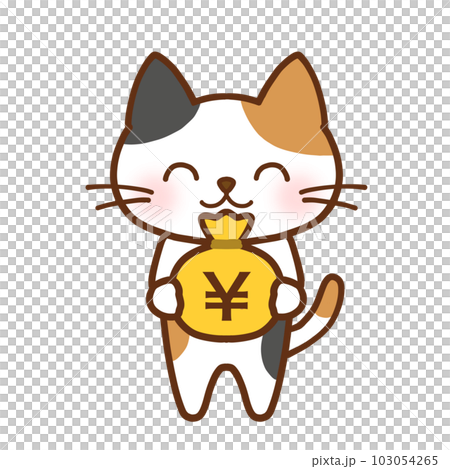 A calico cat smiling with a bag of money A calico cat smiling with a bag of money 103054265