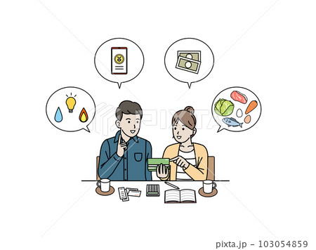 家計や出費、節約などについて話し合う夫婦 家計や出費、節約などについて話し合う夫婦 103054859