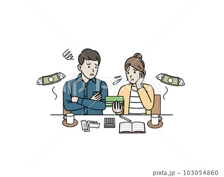 出費や支払いが多くお金が貯まらず困る夫婦のイラスト 103054860