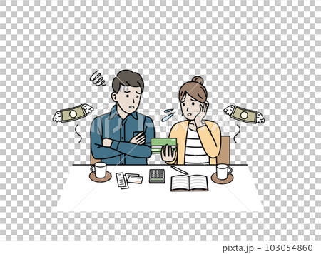 出費や支払いが多くお金が貯まらず困る夫婦のイラスト 103054860