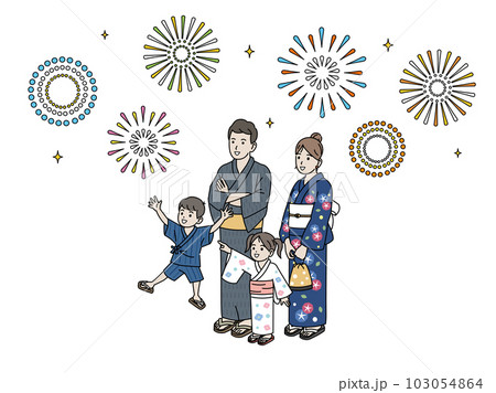 花火を見る浴衣を着た家族のイラスト 103054864