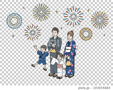 花火を見る浴衣を着た家族のイラスト 103054864