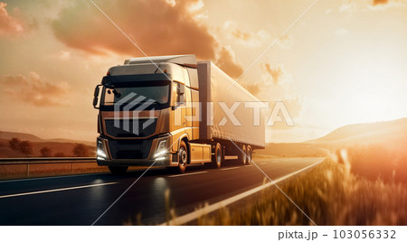 Truck with cargo driving on motorway at sunset with cloudy sky 103056332