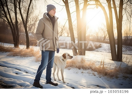 Man walking with his dog friend. Neural network AI generated art 103058196