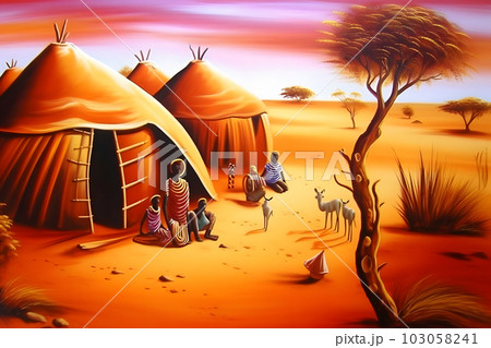 African village illustration. Tribe ethnic people. Neural network AI generated art African village illustration. Tribe ethnic people. Neural network AI generated art 103058241