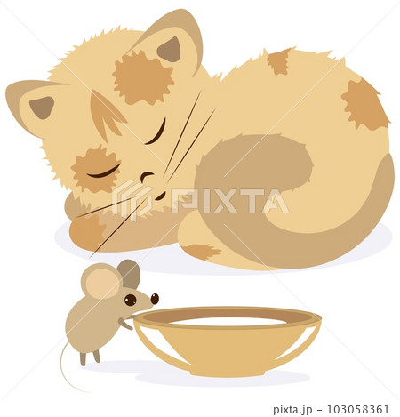 Sleeping ginger kitten and a mouse near a bowl of milk. Sleeping ginger kitten and a mouse near a bowl of milk. 103058361
