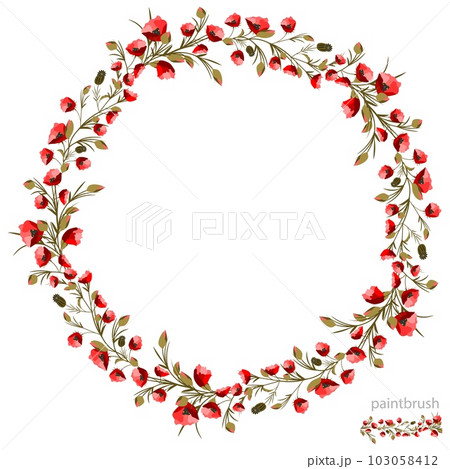 Vector floral set of seamless floral brush strokes of red poppy flowers and leaves. 103058412