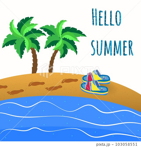 Hello summer background. Sea with sand, palm trees, waves and beach flip flops. 103058551