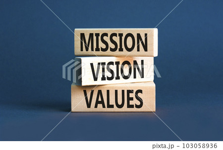 Mission vision values symbol. Concept words Mission Vision Values on wooden blocks on a beautiful grey table grey background. Business mission vision values concept. Copy space. 103058936
