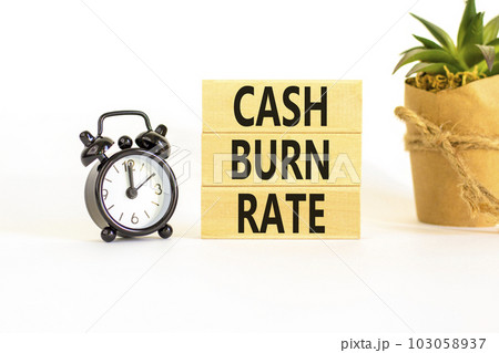 Cash burn rate symbol. Concept words Cash burn rate on wooden blocks on a beautiful white table white background. Black alarm clock. House plant. Business cash burn rate concept. Copy space. Cash burn rate symbol. Concept words Cash burn rate on wooden blocks on a beautiful white table white background. Black alarm clock. House plant. Business cash burn rate concept. Copy space. 103058937