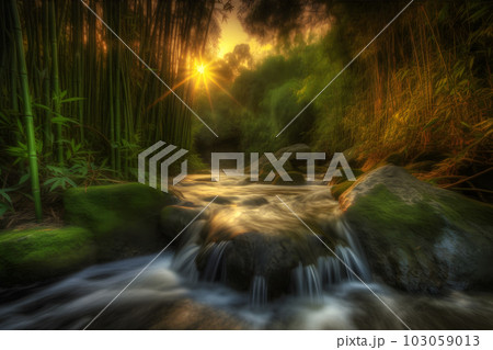River and forest landscape sunset. Neural network AI generated art 103059013