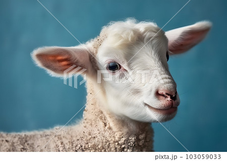 Cute white sheep on a blue background. Neural network AI generated art Cute white sheep on a blue background. Neural network AI generated art 103059033