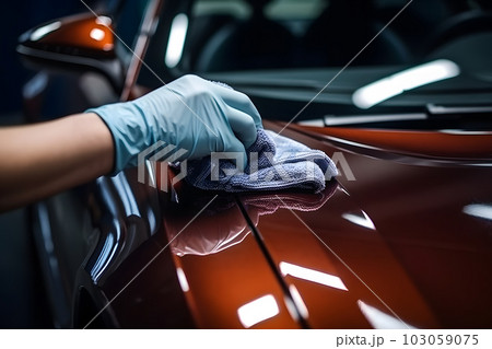 Sticker of a protective film on the headlight of a car in a car detailing studio. Neural network AI generated art 103059075