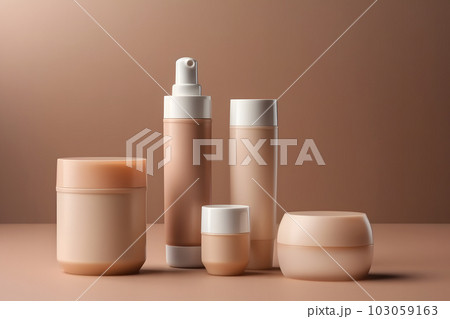 Mockup of cosmetics bottles in beige tone. Neural network AI generated art Mockup of cosmetics bottles in beige tone. Neural network AI generated art 103059163