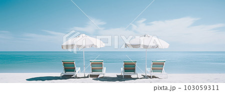 White sand, chairs and umbrellas on sand beach wide panorama. Beach banner. White sand, chairs and umbrellas on sand beach wide panorama. Beach banner. 103059311