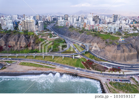 Aerial view of La Costa Verde and the Miraflores boardwalk in Lima. 103059317