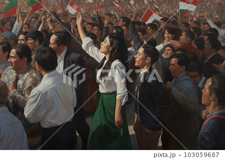 Crowd of people with flags at a protest rally. Neural network AI generated art 103059687