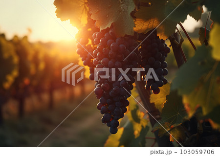 Bunch of grapes in the garden at sunset. Neural network AI generated art 103059706