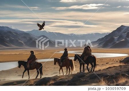 Ethnic Mongols in the steppe on horseback. Neural network AI generated art Ethnic Mongols in the steppe on horseback. Neural network AI generated art 103059709