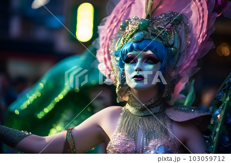 Woman in feather costume at carnival. Neural network AI generated art Woman in feather costume at carnival. Neural network AI generated art 103059712