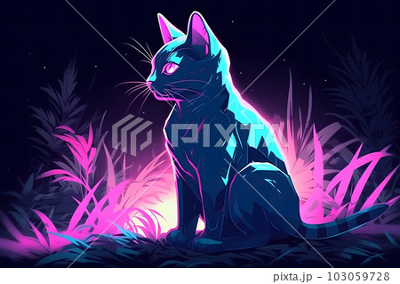 Cute neon art with a kitten. Neural network AI generated art Cute neon art with a kitten. Neural network AI generated art 103059728
