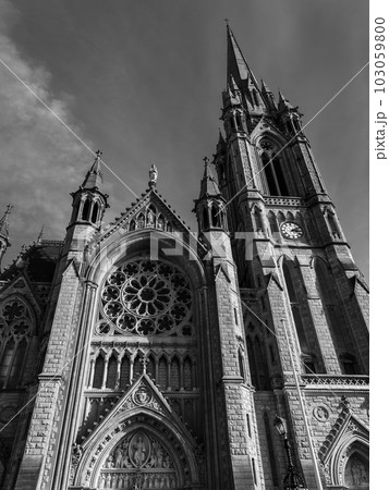 Catholic Cathedral in Ireland, Gothic style. The Cathedral Church of St Colman known as Cobh Cathedral, or Queenstown Cathedral, single-spire cathedral. Roman Catholic cathedral. Black and white 103059800