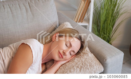 Home nap. Lazy weekend. Healthy rest. Satisfied relaxed pleased woman enjoying sleeping lying with closed eyes on sofa in domestic interior. Home nap. Lazy weekend. Healthy rest. Satisfied relaxed pleased woman enjoying sleeping lying with closed eyes on sofa in domestic interior. 103060085