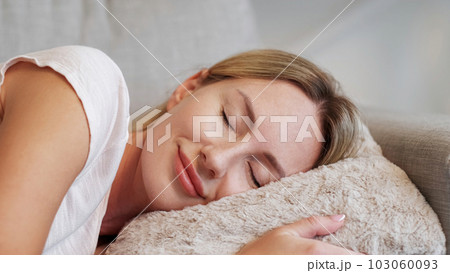 Lazy weekend. Home nap. Healthy rest. Peaceful relaxed satisfied delighted woman enjoying sleeping on pillow leisure time happy drowsiness. Lazy weekend. Home nap. Healthy rest. Peaceful relaxed satisfied delighted woman enjoying sleeping on pillow leisure time happy drowsiness. 103060093