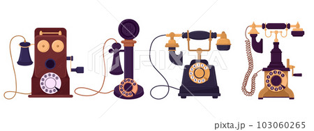 Old vintage telephones. Retro wired devices, old school communication gadgets. Classic rotary telephones vector illustration set Old vintage telephones. Retro wired devices, old school communication gadgets. Classic rotary telephones vector illustration set 103060265