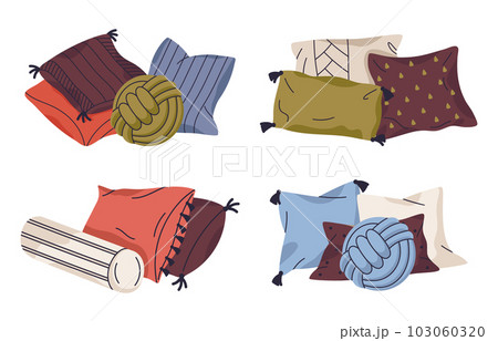 Sofa decorative cushions. Textile home interior pillows, feathered cozy pillows isolated flat vector illustration set 103060320