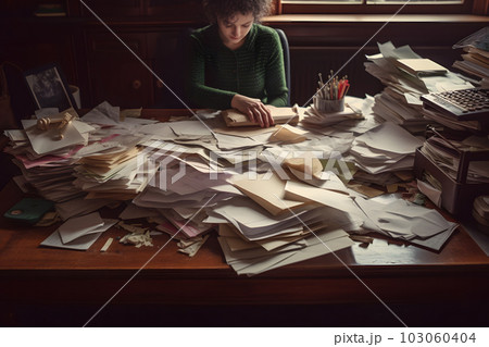 The many crumpled papers on desk of stressed male workplace. Neural network AI generated art 103060404