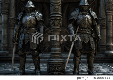 Knights in armor at the castle. Medieval warrior. Neural network AI generated art 103060433