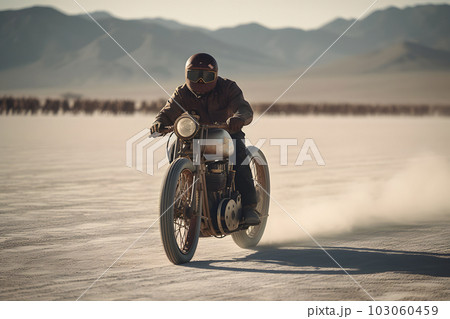 Motorcyclist riding through Uyuni salt flat desert. Neural network AI generated art Motorcyclist riding through Uyuni salt flat desert. Neural network AI generated art 103060459