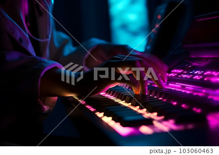 Hacker uses keyboard, shakes buttons with fingers to crack password. Internet security concept, cyber attack. Neon blue color. Neural network AI generated art 103060463